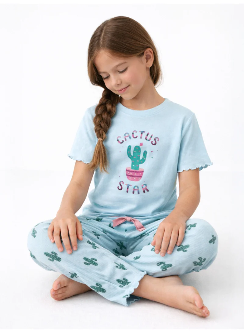 Victor And Jane  Girls’ Pajama Set – “Cactus Star” Frill Sleeve Top & Printed Pants for Women | Best Price UAE